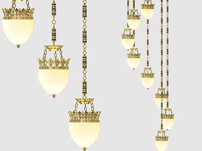 Vintage Style Chandeliers With Golden Chains And White Glass Shades For Interior Decoration 3d model