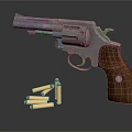 Silver Metal Revolver With Brown Wooden Grip And Bullets On Dark Background