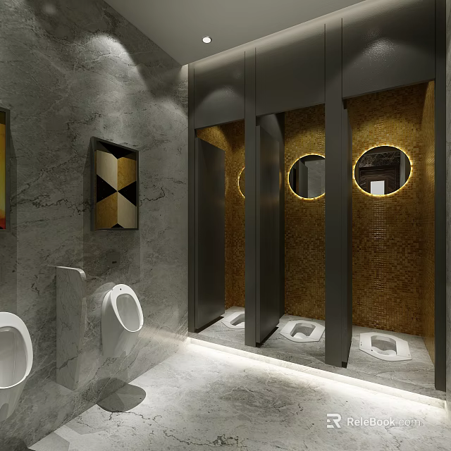 Modern Public Restroom Design Featuring Marble Walls Round Mirrors Lighting And Squat Toilets 3d model 