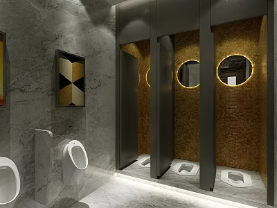 Modern Public Restroom Design Featuring Marble Walls Round Mirrors Lighting And Squat Toilets 3d model