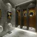 Modern Public Restroom Design Featuring Marble Walls Round Mirrors Lighting And Squat Toilets