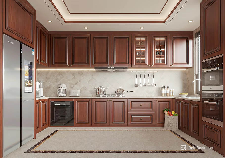 Kitchen Interior With Dark Brown Wooden Cabinets Stainless Steel Refrigerator Marble Countertop And Built-in Oven 3d model 