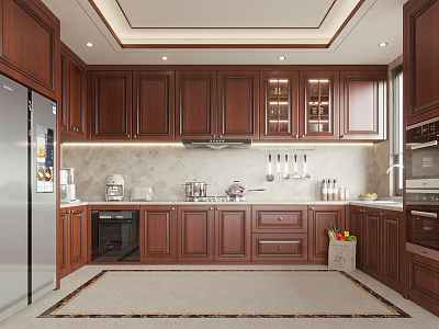 Kitchen Interior With Dark Brown Wooden Cabinets Stainless Steel Refrigerator Marble Countertop And Built-in Oven 3d model