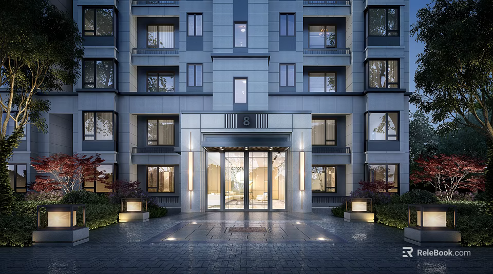 Modern Residential Building Entrance Gate With Glass Doors Lighting And Landscaping 3d model 