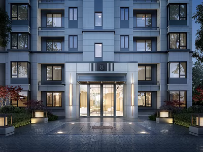 Modern Residential Building Entrance Gate With Glass Doors Lighting And Landscaping 3d model