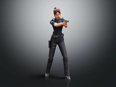 Full Length Portrait Of Woman In Police Uniform Holding Gun In Shooting Stance 3d model
