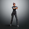 Full Length Portrait Of Woman In Police Uniform Holding Gun In Shooting Stance