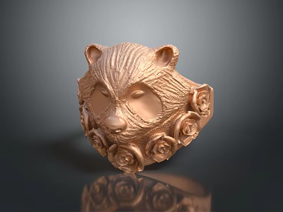 Intricate Raccoon Head Sculpture Carved On Copper Colored Ring Adorned With Roses 3d model