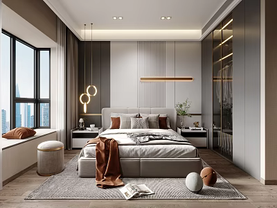 Modern Bedroom Interior Design With Large Windows Gray Bed Nightstands And Decorative Lights 3d model
