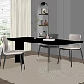 Modern Dining Table Set with Black Tabletop Gold Trim Light Colored Chairs and Window View 3d model