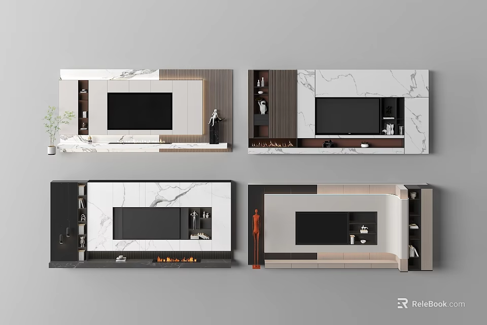 Modern TV Background Wall Interior Design With Marble Texture And Storage Cabinets 3d model
