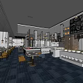 Modern Restaurant Interior With Blue Tiled Floor Black Ceiling Buffet Counters And Colorful Seats
