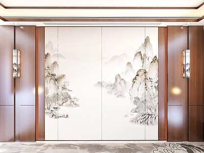 Chinese Style Wall With Landscape Mural Wooden Panels And Wall Lamps 3d model
