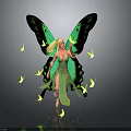 Green butterflies with large vibrant wings and small butterflies flying around shiny surface