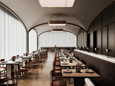 Modern Restaurant Interior With Arched Ceilings Long Wooden Tables Black Beige Decor And Pendant Lights 3d model