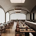 Modern Restaurant Interior With Arched Ceilings Long Wooden Tables Black Beige Decor And Pendant Lights