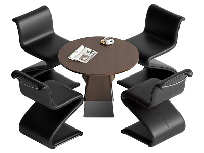 Modern Round Wooden Dining Table Set With Black Leather Armchairs And Magazine 3d model