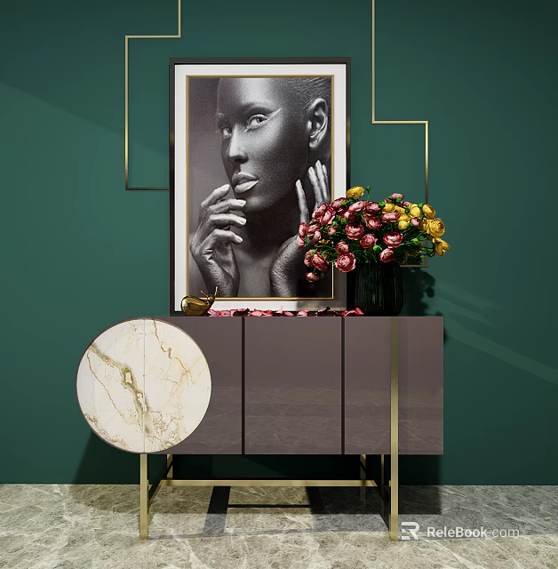 Modern Console Side Cabinet With Gold Accents Marble Top And Vase Flowers 3d model 