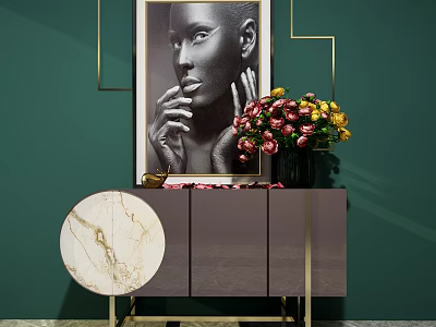 Modern Console Side Cabinet With Gold Accents Marble Top And Vase Flowers 3d model