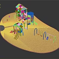 Red Playground Structures With Slides Swings Sand Area And Climbing Features