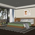 Bedroom Interior Design With Large Window Wooden Floor Green Quilt White Pillows And Wall Art