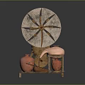 Vintage Wooden Equipment With Spoked Wheel Copper Container And Solid Wooden Base