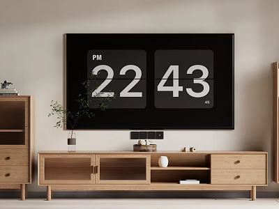 Minimalist Wooden TV Stand With Black TV Screen Digital Clock Display And Decorative Items 3d model