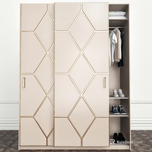 Beige Wardrobe With Gold Geometric Patterns Sliding Doors Clothing Rail And Shoe Shelves 3d model 