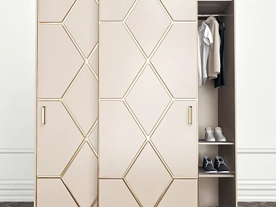 Beige Wardrobe With Gold Geometric Patterns Sliding Doors Clothing Rail And Shoe Shelves 3d model