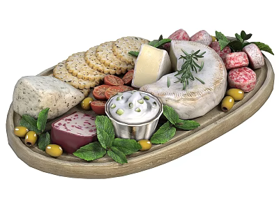 Delicious Cheese Platter With Crackers Olives Sausages Dip And Fresh Herbs On Wooden Tray 3d model