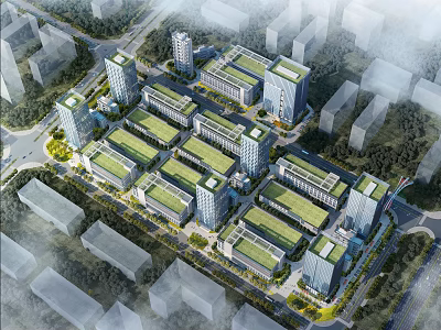 Aerial View Of Modern Industrial Factory Complex With Green Roofs And Surrounding Greenery 3d model