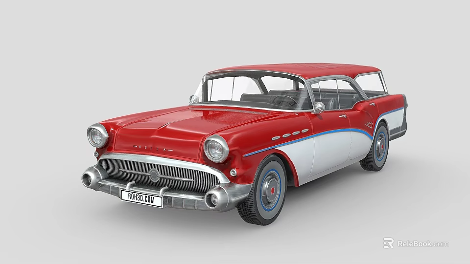 Classic Red and White Station Wagon with Chrome Accents and Vintage Wheels 3d model 