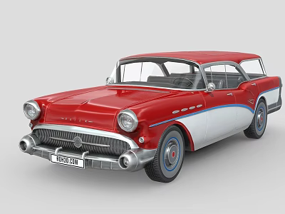 Classic Red and White Station Wagon with Chrome Accents and Vintage Wheels 3d model