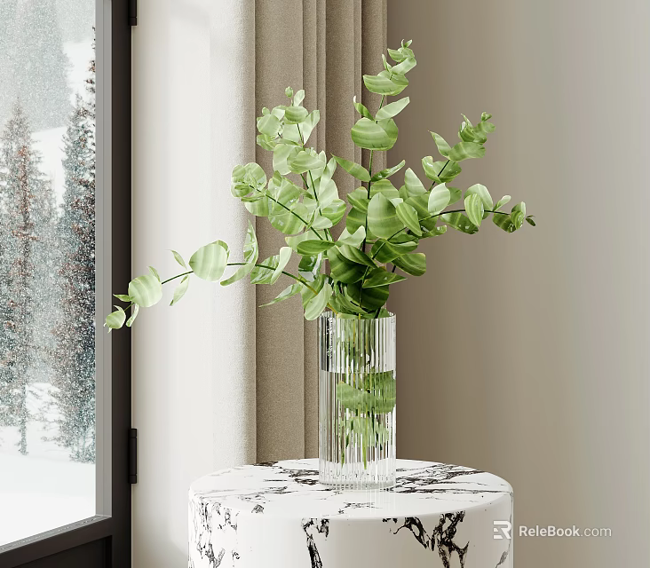 Fresh Green Eucalyptus Leaves in Transparent Glass Vase on Patterned Table Near Window 3d model 
