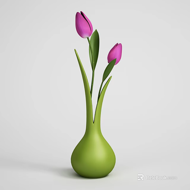Green Vase With Pink Tulips Green Stems And Leaves On White Background 3d model 