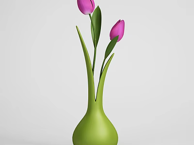 Green Vase With Pink Tulips Green Stems And Leaves On White Background 3d model