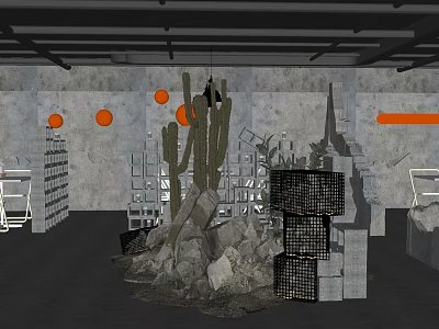 Modern Restaurant Interior With Gray Walls Orange Circular Decorations Cactus And Rock Formation 3d model