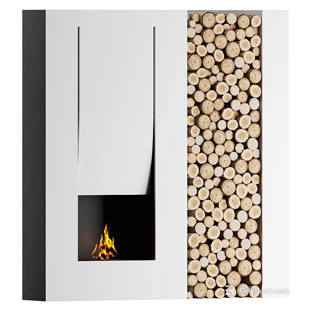 Modern Fireplace Design With Burning Flame And Stacked Wood Logs 3d model