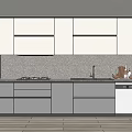 Modern Kitchen With Sleek White And Gray Upper Lower Cabinets Countertop Backsplash And Appliances