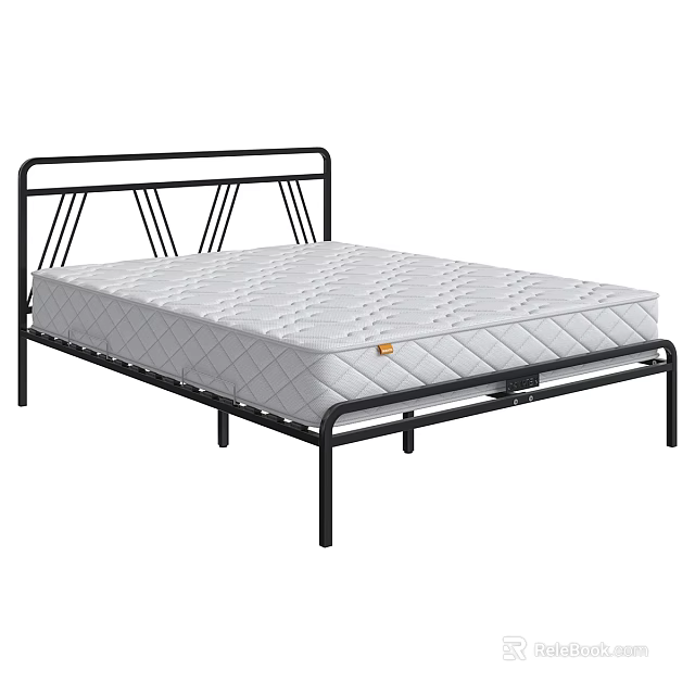 Double Bed with Black Metal Frame Geometric Headboard and White Mattress 3d model 