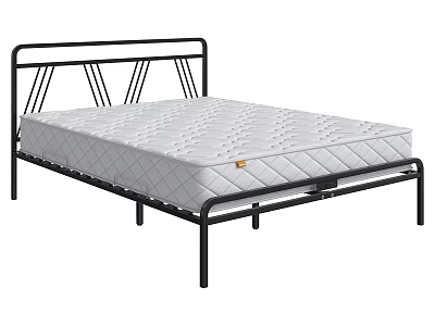 Double Bed with Black Metal Frame Geometric Headboard and White Mattress 3d model
