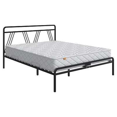 Double Bed with Black Metal Frame Geometric Headboard and White Mattress 3d model