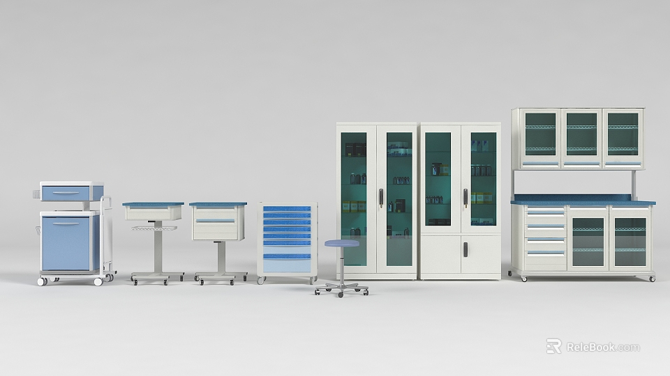 Professional Medical Equipment Storage Solutions With Glass Door Cabinets Mobile Carts And Stainless Steel Tables 3d model 