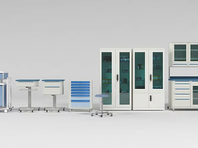 Professional Medical Equipment Storage Solutions With Glass Door Cabinets Mobile Carts And Stainless Steel Tables 3d model