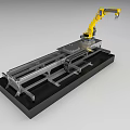 Yellow Automated Industrial Robotic Arm System On Metal Workbench With Sliding Rails