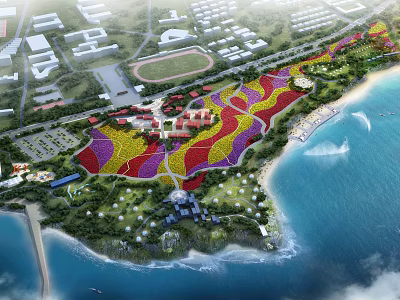 Aerial Planning of Coastal Zone With Colorful Landscapes Buildings and Green Waterfront Spaces 3d model