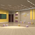 Vibrant Music Classroom With Colorful Musical Notes Yellow Curtains Wooden Floor And Stools
