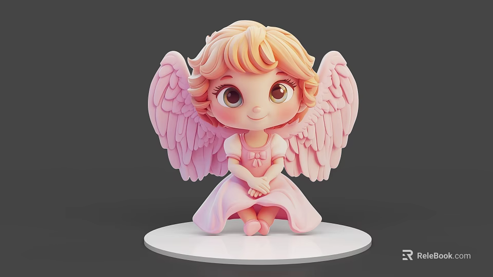 Cute Game Movie Character With Pink Wings And Pink Dress Sitting On White Base 3d model 