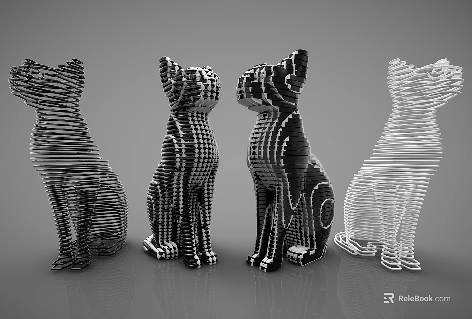Wireframe Cat Shaped Ornament Decor Set with Black White Design and Decorative Figurines 3d model 