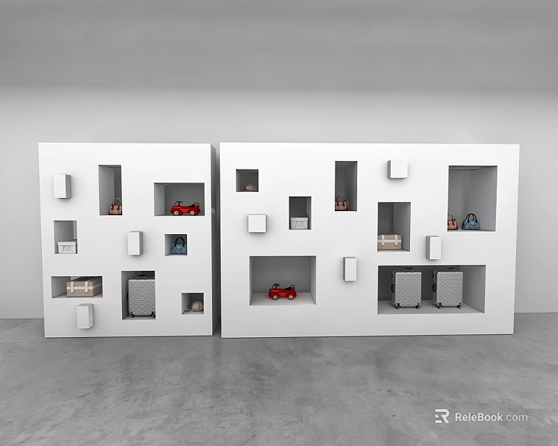 Modern White Shelving Unit With Open Compartments And Decorative Display Items 3d model